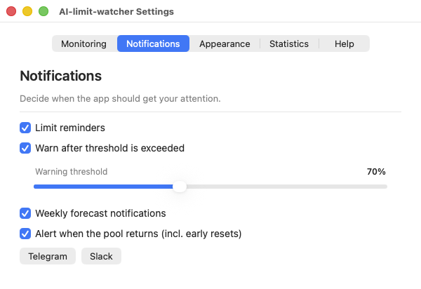 Notifications tab: checkboxes for limit reminders, a warning once a threshold is crossed with the threshold slider at 70 percent, weekly forecast alerts and an alert when the pool returns, plus buttons for Telegram and Slack.
